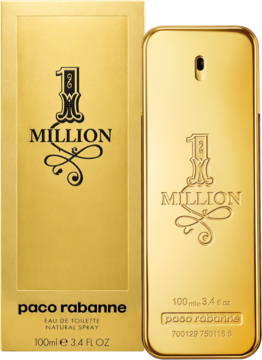 Złoty flakon Paco Rabanne 1 Million 100ml w kształcie sztabki, obok złotego kartonika z napisem 1 MILLION.