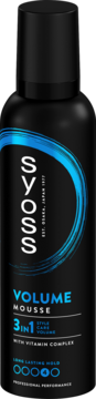 Czarna pianka do włosów SYOSS Volume Mousse 3w1 z niebieskimi akcentami, pionowe logo i biały tekst, widok z przodu.