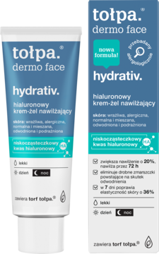 Tołpa Dermo Face Hydrativ, hialuronowy krem-żel nawilżający w białej tubce i niebieskim pudełku, z widocznym napisem "nowa formuła!".