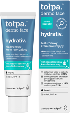 Tołpa dermo face hydrativ krem hialuronowy, biała tuba i niebieskie pudełko z SPF 10, widok z przodu.