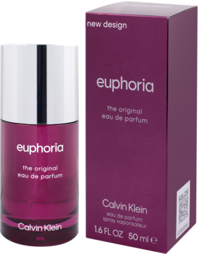 Calvin Klein Euphoria damska woda perfumowana 50ml w fioletowej butelce ze srebrną nakrętką obok purpurowego pudełka.