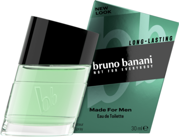 Bruno Banani Made for Men woda toaletowa, zielona butelka z czarną nakrętką, stojąca obok zielonego pudełka.