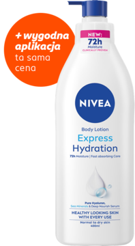 Balsam NIVEA Express Hydration 400ml w białej butelce z niebieską pompką, widok z przodu, z wygodną aplikacją.