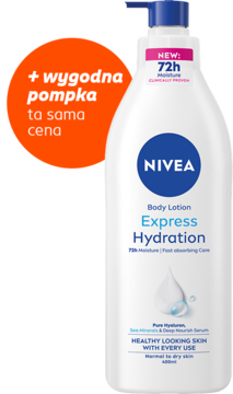 Balsam NIVEA Express Hydration 400ml, biała butelka z pompką, widok frontalny, napis 72h i banner promocji.