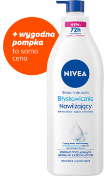 NIVEA Błyskawicznie Nawilżający balsam do ciała, biała butelka z niebieską pompką, 72h nawilżenie, widok z przodu.