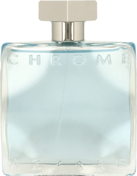 Azzaro Chrome woda toaletowa, męski zapach, w przezroczystej butelce z jasnoniebieskim płynem i srebrnym korkiem, widok z przodu.