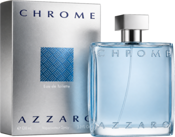 Azzaro Chrome woda toaletowa, butelka z niebieskim płynem i srebrne pudełko, widok z przodu, lekko pod kątem.