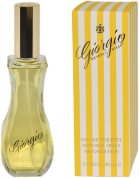 Perfumy Giorgio Beverly Hills: butelka z żółtym płynem i złotą nakrętką obok pudełka w żółto-białe pasy.