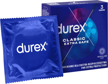 Niebieskie prezerwatywy Durex Extra Safe: pudełko 3 szt. i pojedyncza saszetka, widok z przodu.