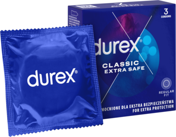 Niebieskie prezerwatywy Durex Extra Safe: pudełko 3 szt. i pojedyncza saszetka, widok z przodu.