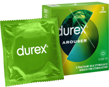 Zielone opakowanie Durex Arouser i jedna prążkowana prezerwatywa w folii, dla stymulacji.