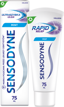 Białe pudełko i częściowo widoczna tubka pasty Sensodyne Ultraszybka Ulga Mint, 75 ml, z niebieskim wzorem.