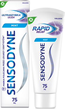 Białe pudełko i częściowo widoczna tubka pasty Sensodyne Ultraszybka Ulga Mint, 75 ml, z niebieskim wzorem.