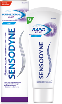 Biała tubka i pudełko pasty Sensodyne Ultraszybka Ulga Mint dla wrażliwych zębów, z fioletowymi detalami.