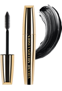 Złoty tusz L'Oréal Volume Million Lashes z otwartą szczoteczką millionizer i gęstą smugą czarnej maskary.
