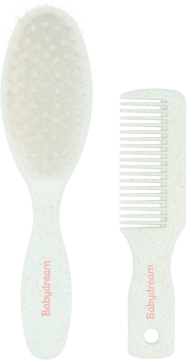 Zestaw: beżowa szczotka i grzebyk Babydream dla dzieci, wykonane ze słomy pszenicznej i tworzywa z recyklingu.