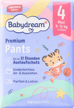 Babydream Premium Pants, fioletowe pieluchomajtki 4 Maxi, 9-15kg, 12h ochrona, 0% perfum, widok z przodu.