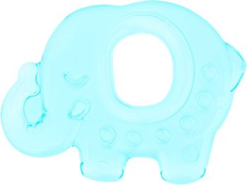 Chłodzący gryzak w kształcie jasnoniebieskiego słonia, półprzezroczysty, z widocznymi masującymi wypustkami, idealny na ząbkowanie.