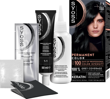 Zestaw trwałej farby do włosów Syoss 1_1 Czerń: tubki, butelka, ulotka i pudełko z modelem, widok z przodu.