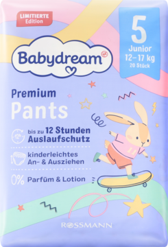 Fioletowe pieluchomajtki Babydream Premium Pants Junior 5, 12-17kg, 0% perfum, 20 sztuk, z królikiem.