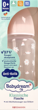 Babydream klasyczna butelka 300ml, różowy korek, białe stokrotki, smoczek anatomiczny, 0+ miesiąca, w opakowaniu.