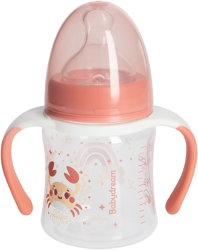 Różowy kubek niekapek Babydream z uchwytami, zdobiony grafiką kraba, widok z przodu butelki.