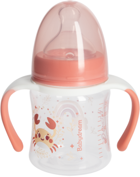Różowy kubek niekapek Babydream z uchwytami, zdobiony grafiką kraba, widok z przodu butelki.