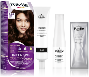 Zestaw Schwarzkopf Palette Intensive Color Creme 3-68: farba do włosów, pudełko, tubka, butelka, saszetka.