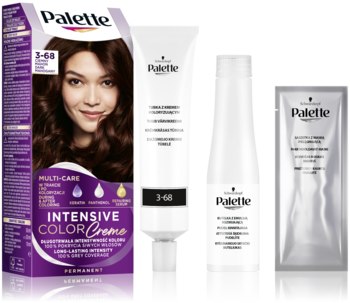Zestaw Schwarzkopf Palette Intensive Color Creme 3-68: farba do włosów, pudełko, tubka, butelka, saszetka.