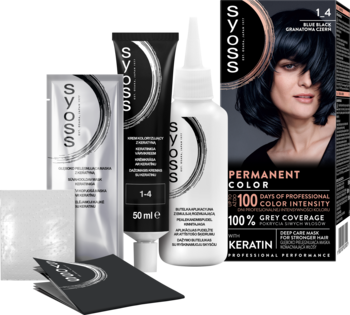 Syoss 1-4 Granatowa Czerń trwała farba do włosów: pudełko z kobietą, tuby i butelka na ciemnym tle.