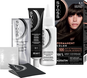 Syoss 3-1 Ciemny brąz: trwała farba do włosów z 100% pokryciem siwych. Zestaw z pudełkiem, tubami, butelką i ulotką.