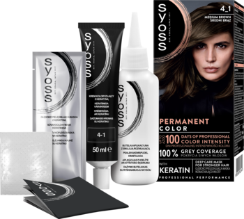 Zestaw Syoss 4-1 Średni Brąz: trwała farba do włosów z keratyną, 100% pokrycia siwych, widok na pudełko i tubki.