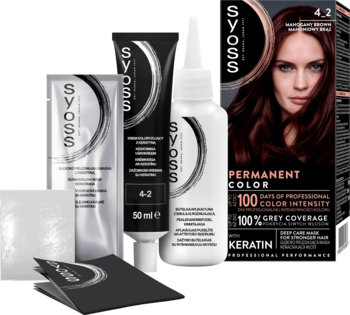 Syoss 4-2 Mahoniowy Brąz: zestaw trwałej farby do włosów z keratyną, 100% pokrycia siwizny, pudełko i tubki.