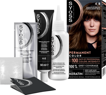 Farba Syoss 4-8 Czekoladowy Brąz w zestawie: pudełko, tubki i butelka. Trwała koloryzacja, 100% pokrycia siwych włosów.