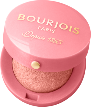 Róż Bourjois Little Round Pot, wypiekany, w otwartym, różowym, okrągłym opakowaniu z napisem Bourjois. Zbliżenie.