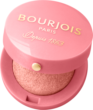 Róż Bourjois Little Round Pot, wypiekany, w otwartym, różowym, okrągłym opakowaniu z napisem Bourjois. Zbliżenie.