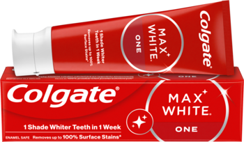 Colgate Max White One pasta wybielająca, czerwona tubka z białym korkiem i pudełko, widok z przodu. Obiecuje 1 odcień bielszych zębów.