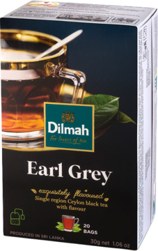 Pionowe czarne opakowanie herbaty Dilmah Earl Grey, cejlońskiej czarnej herbaty z bergamotą, 20 torebek.