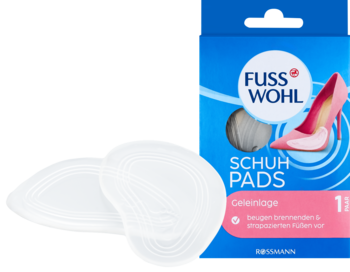 Dwie transparentne, żelowe wkładki Fuss Wohl Schuh Pads i niebieskie opakowanie do butów na wysokim obcasie.