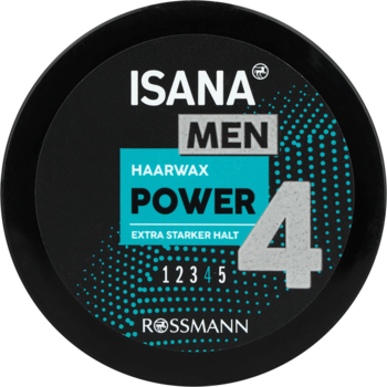 Czarne, okrągłe opakowanie wosku do włosów ISANA MEN Power 4, mocne utrwalenie, widok z góry.