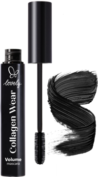 Czarna maskara Lovely Collagen Wear Volume w butelce, obok otwarta szczoteczka i próbka koloru.