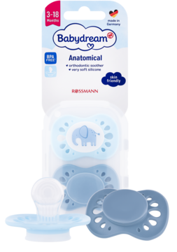 Niebieskie smoczki Babydream Anatomical, silikonowe, 3-18 miesięcy, w blistrze i dwa luzem.