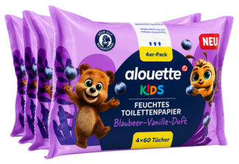 Alouette KIDS nawilżany papier toaletowy, 4-pak, fioletowo-niebieskie opakowania, miś, pszczoła, jagoda-wanilia. Nowe.