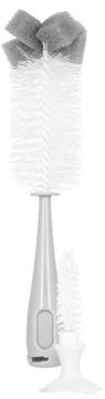 Szczotka Babydream do butelek i smoczków, biało-szara, z gąbką i przyssawką, widok z przodu.