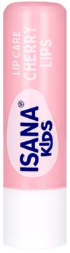 Różowy balsam do ust ISANA Kids Cherry Lips w sztyfcie, widok z przodu z białymi i niebieskimi napisami.