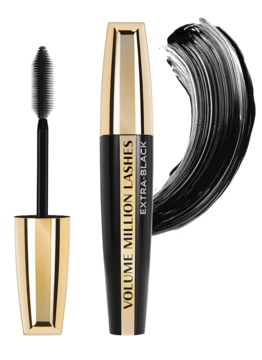 L'Oréal Paris Volume Million Lashes Extra-Black tusz w czarno-złotej tubie, obok otwarta szczoteczka i próbka.