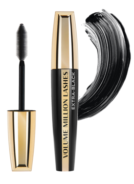 L'Oréal Paris Volume Million Lashes Extra-Black tusz w czarno-złotej tubie, obok otwarta szczoteczka i próbka.
