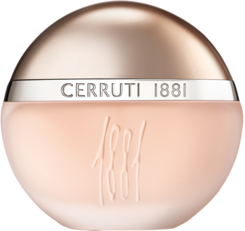 Cerruti 1881 woda toaletowa dla kobiet w kulistej butelce z matowego, brzoskwiniowego szkła. Różowo-złota nakrętka i wytłoczone 1881.