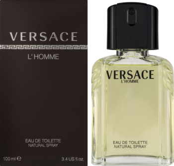 Versace L'Homme Eau de Toilette, męskie perfumy skórzane. Jasnożółty flakon obok ciemnego pudełka z logo.