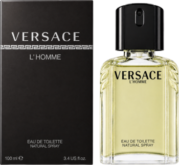 Woda toaletowa Versace L'Homme 100ml, perfumy skórzane, czarne pudełko i butelka, widok z przodu.